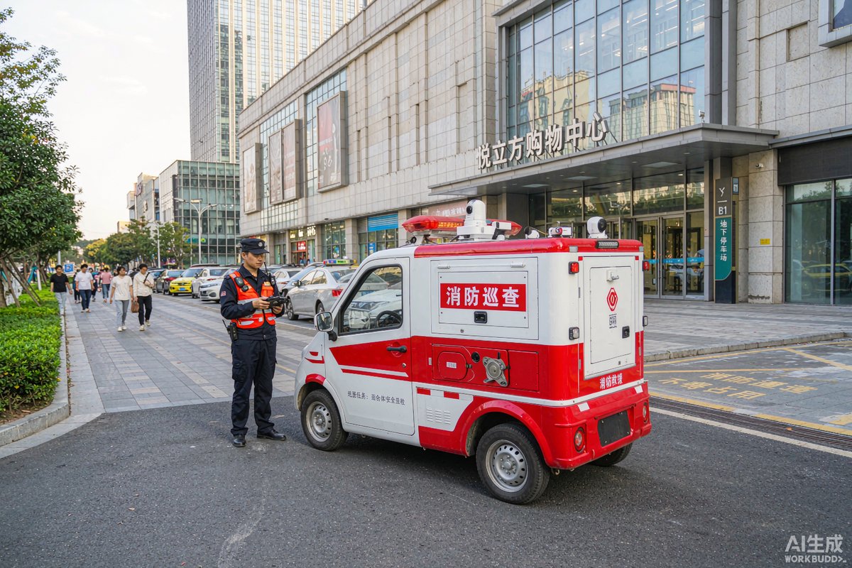 商业综合体中消防巡查车执行巡逻任务