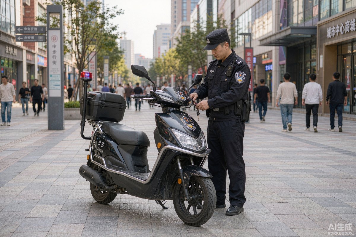 大型超市中警用电动摩托车执行巡逻任务
