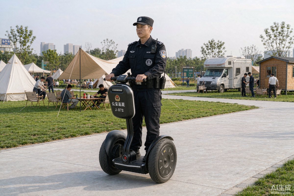 森林公园中警用自行车执行巡逻任务