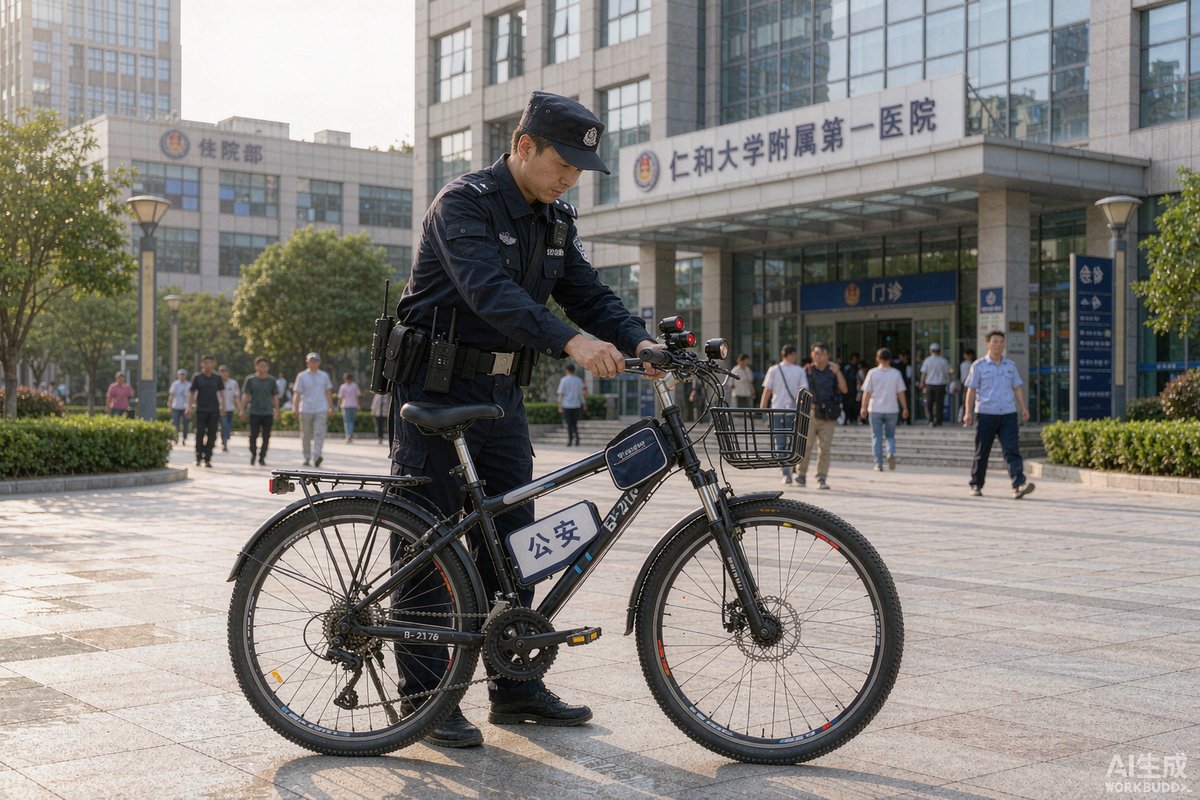 大型医院中警用自行车执行巡逻任务