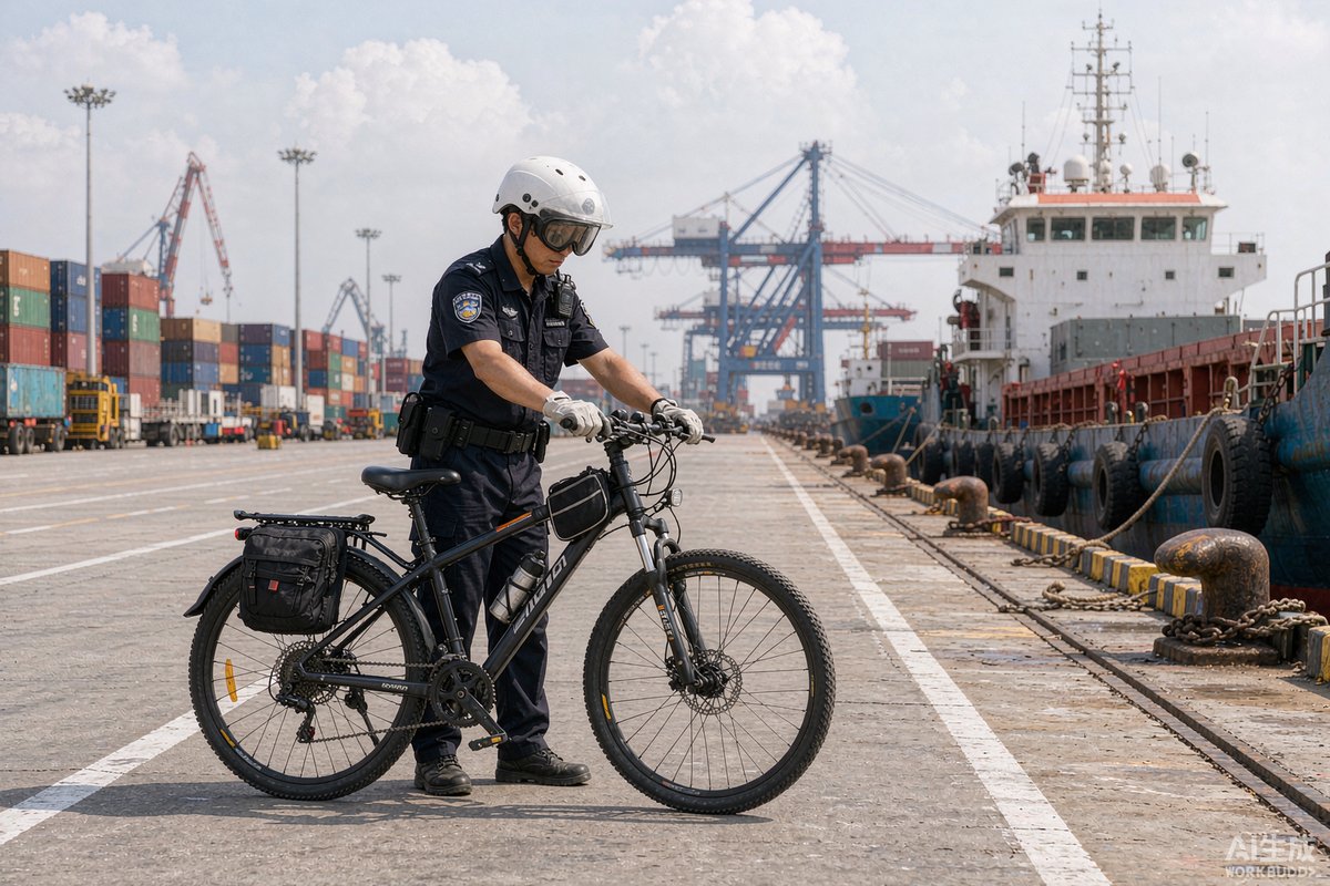 港口码头中警用自行车执行巡逻任务