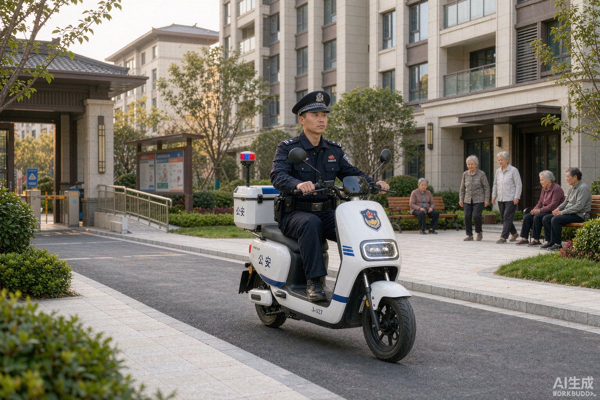 养老社区中警用电动摩托车执行巡逻任务
