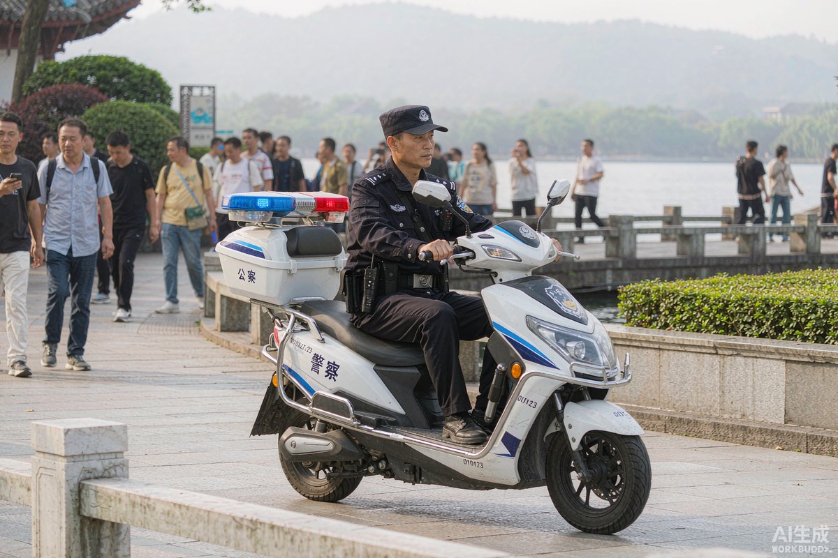 风景名胜区中两轮警用电动车执行巡逻任务