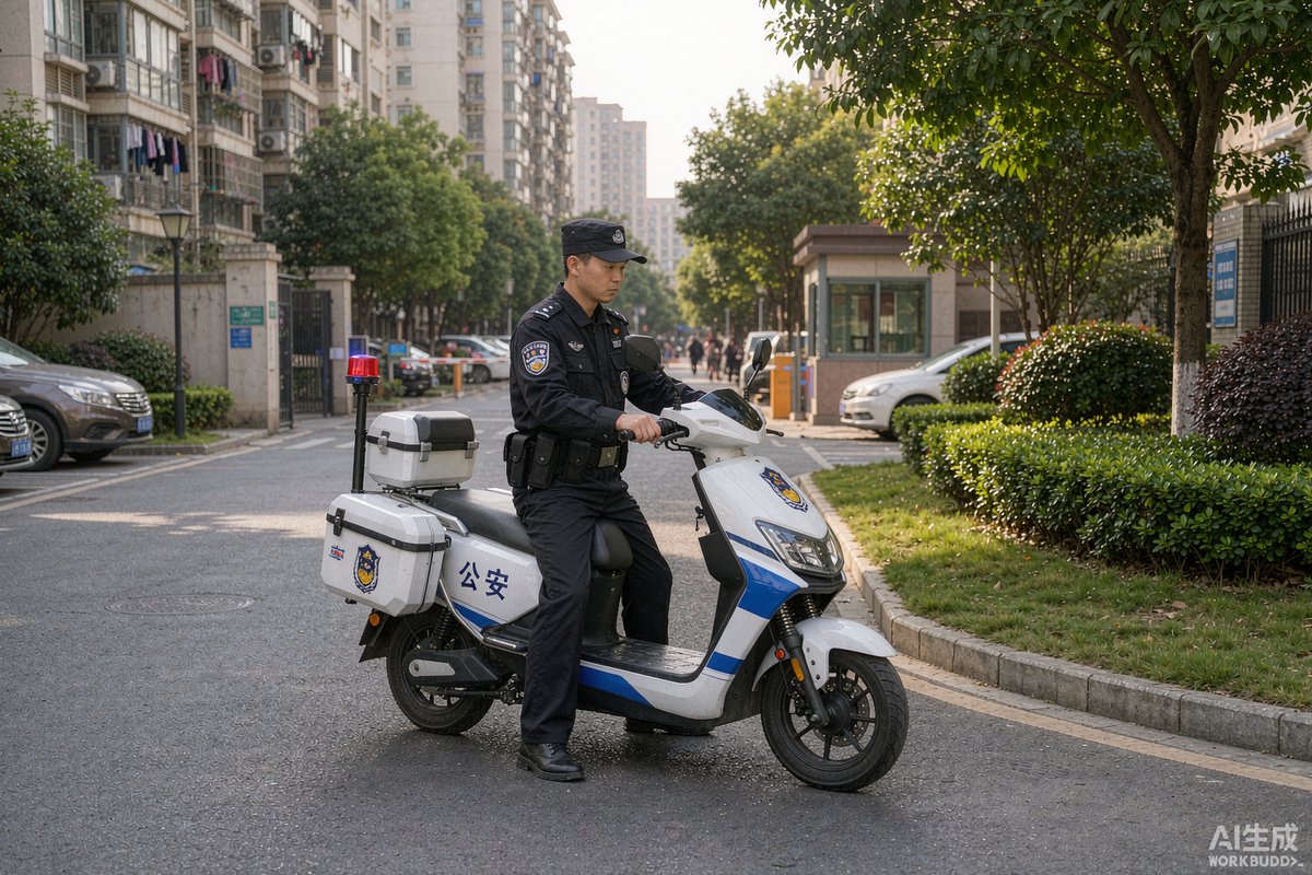 住宅小区中警用电动摩托车执行巡逻任务