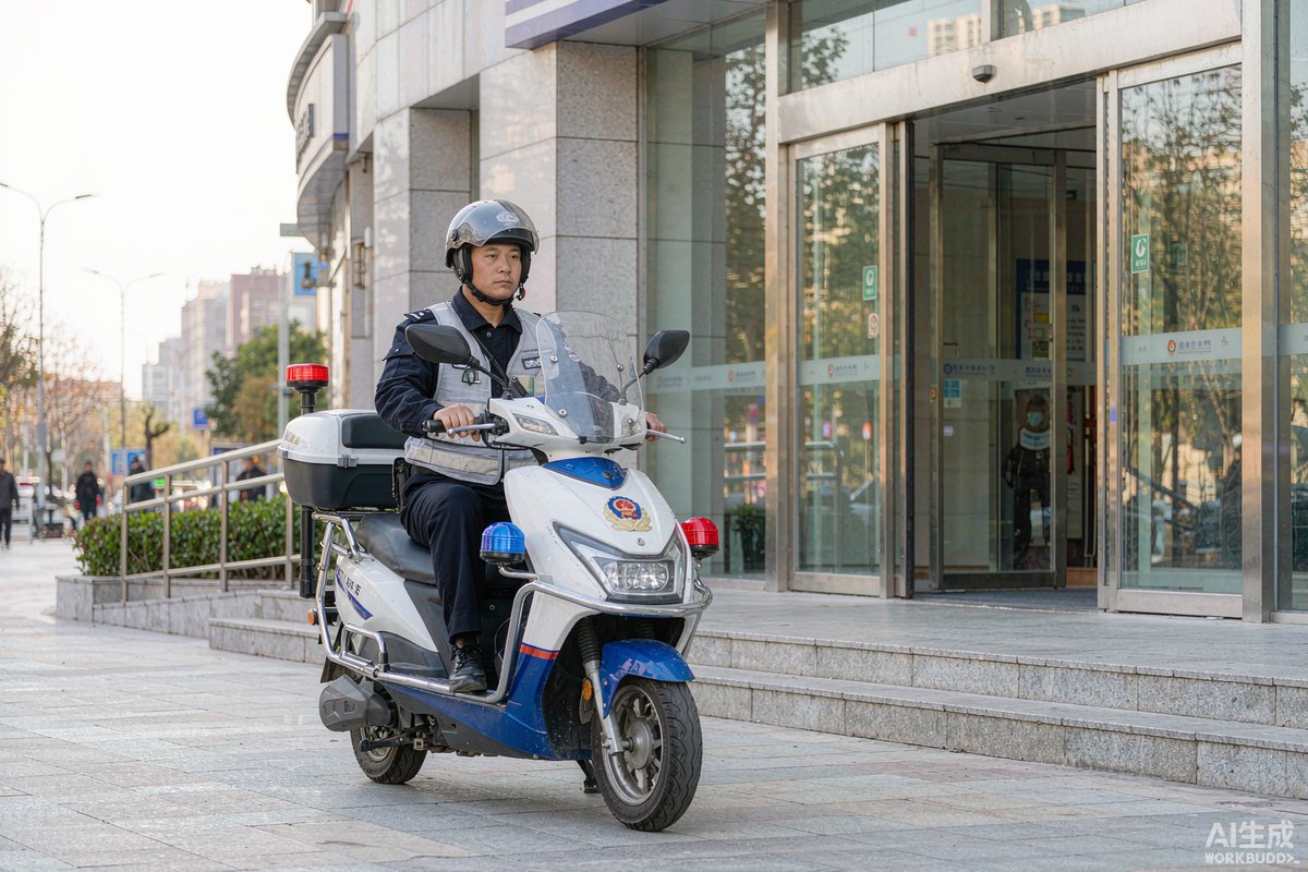 银行网点中两轮警用电动车执行巡逻任务