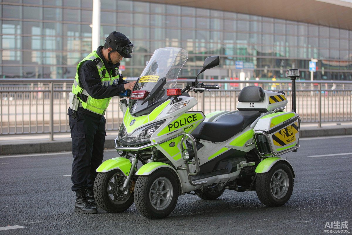 机场航站楼中警用电动摩托车执行巡逻任务