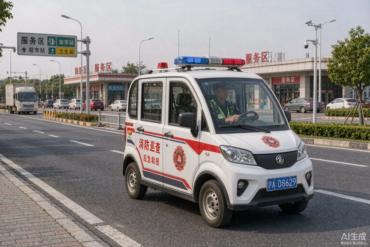 高速公路服务区中消防巡查车执行巡逻任务