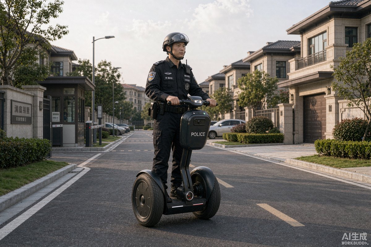 高档别墅区中警用平衡车执行巡逻任务
