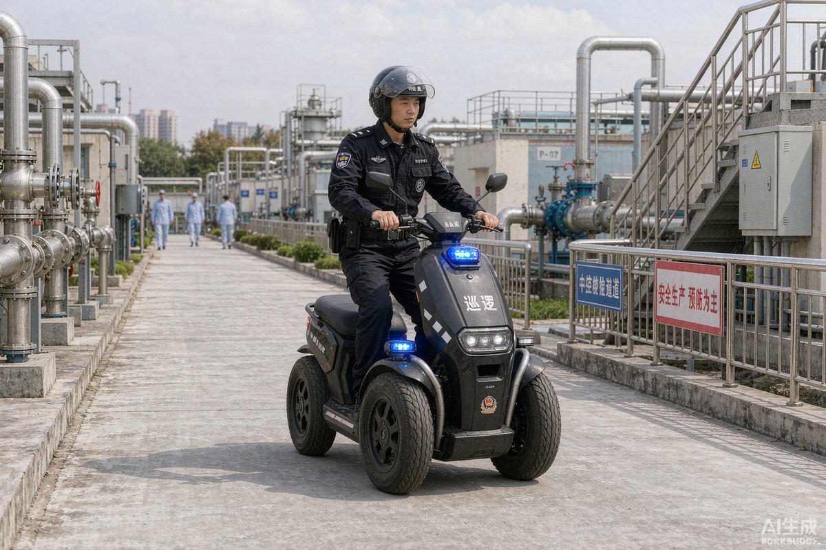 水厂污水厂中警用平衡车执行巡逻任务