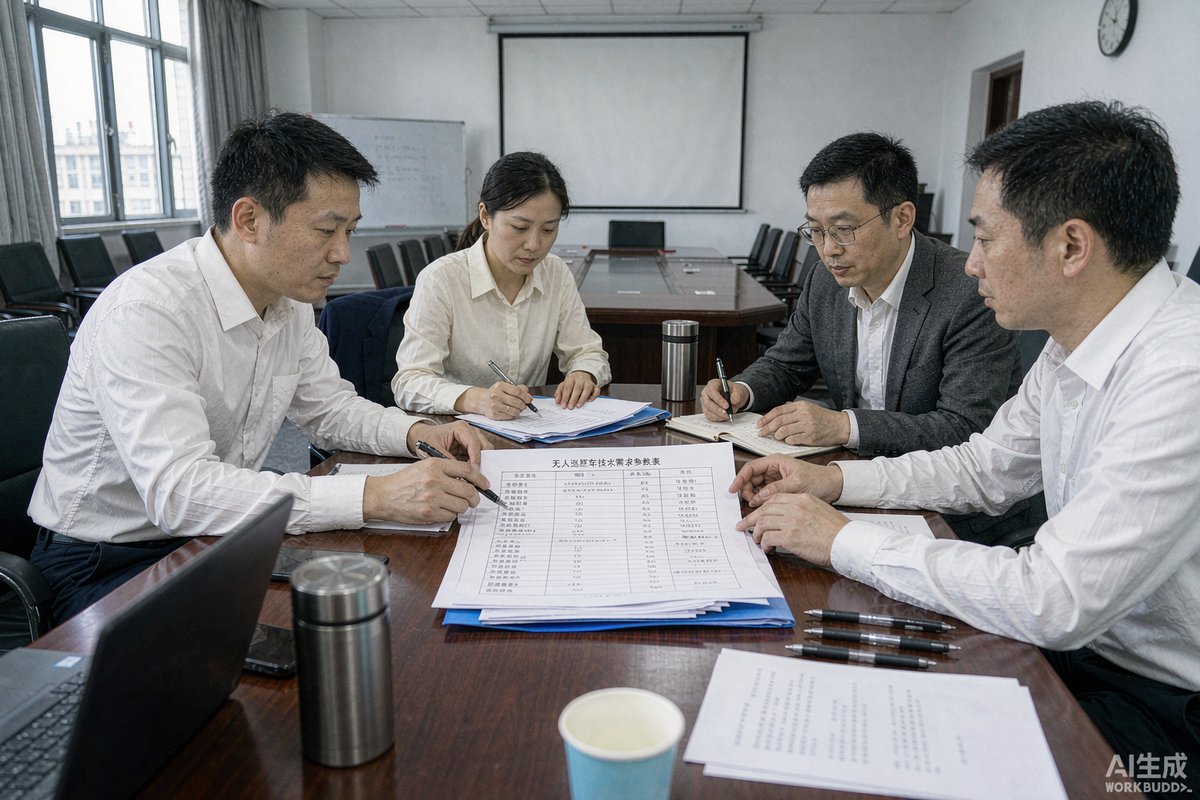 评标现场供应商向评审专家演示无人巡逻车远程调度与AI识别功能