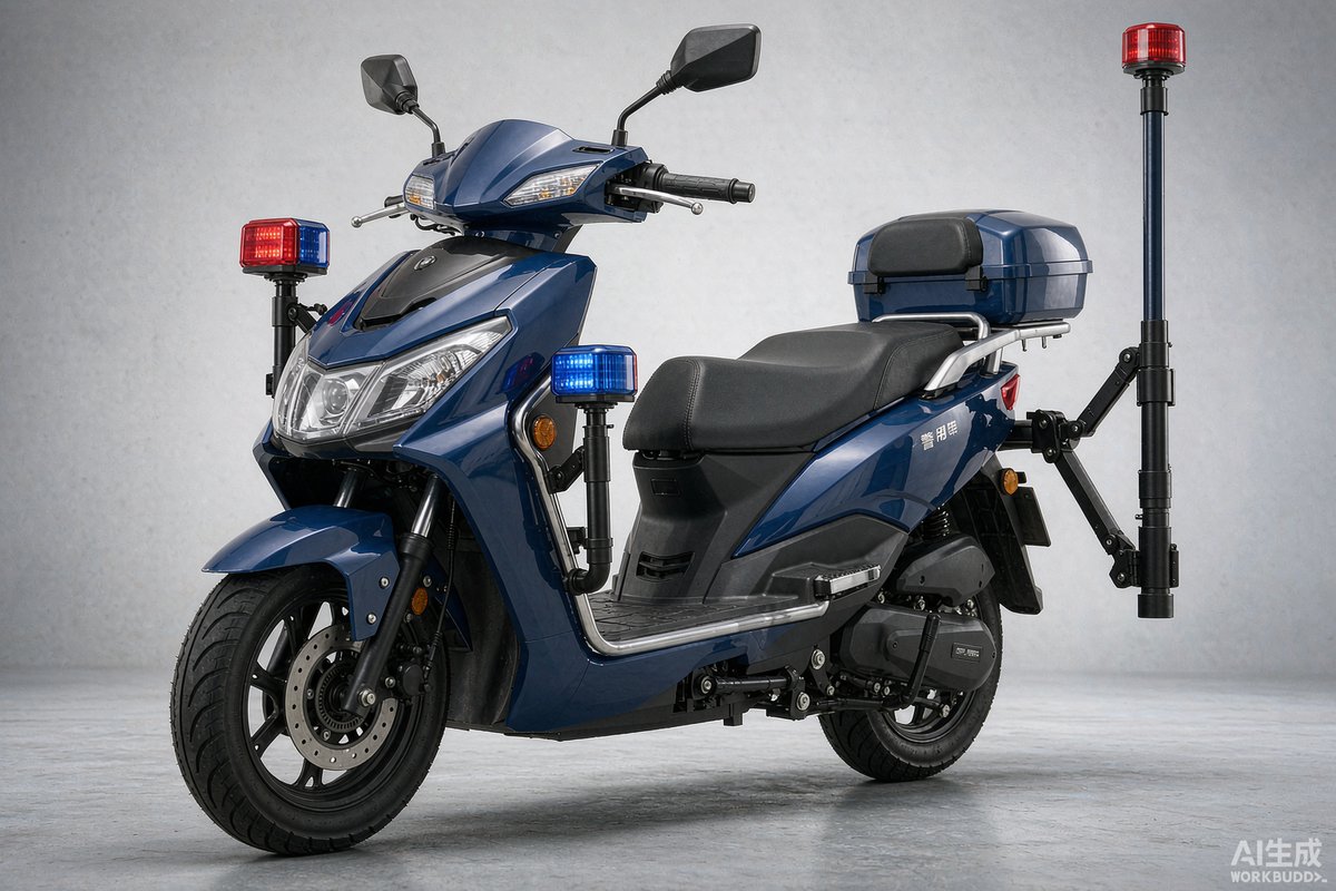 警用电动摩托车警用装备细节：红蓝爆闪警灯、升降警杆与带锁边箱