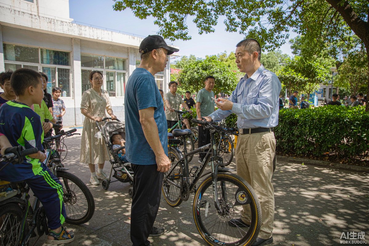 社区民警骑警用自行车与居民交流，展现亲民警务场景