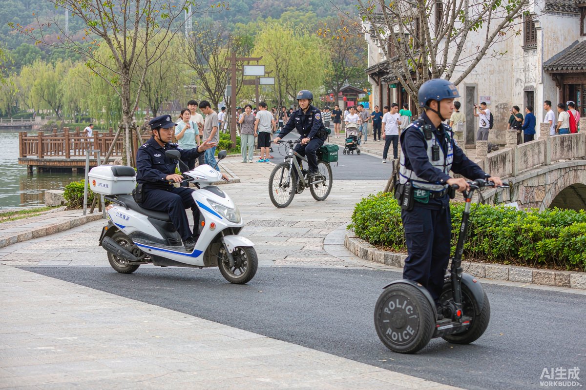 景区安保人员使用两轮电动巡逻车在环湖道路巡逻