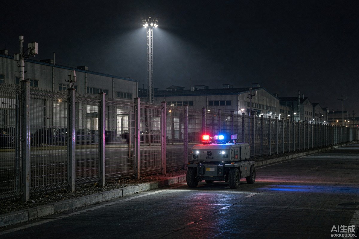 工业园区周界围栏旁，无人巡逻车夜间沿巡线自主行驶，车顶警示灯闪烁，远处是厂区厂房轮廓与照明塔