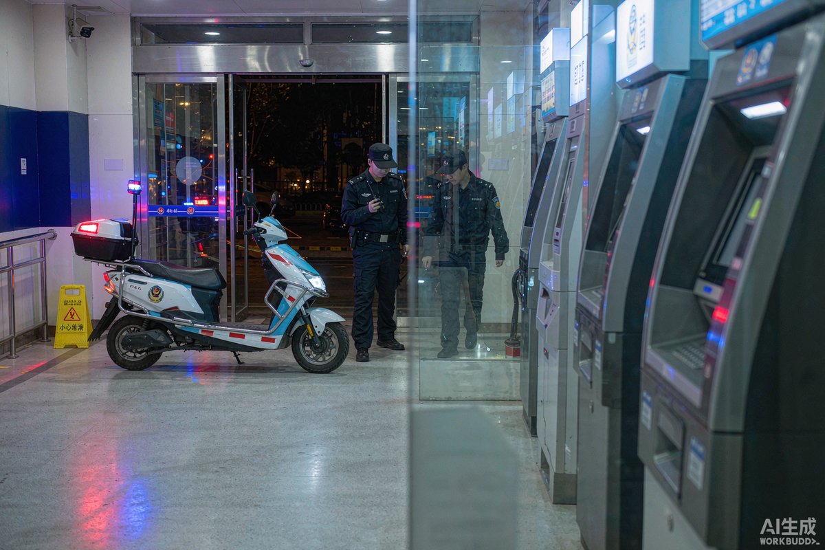 夜间自助银行区域，两轮警用电动车停在ATM机外侧，安保人员下车检查自助区设备与周边环境