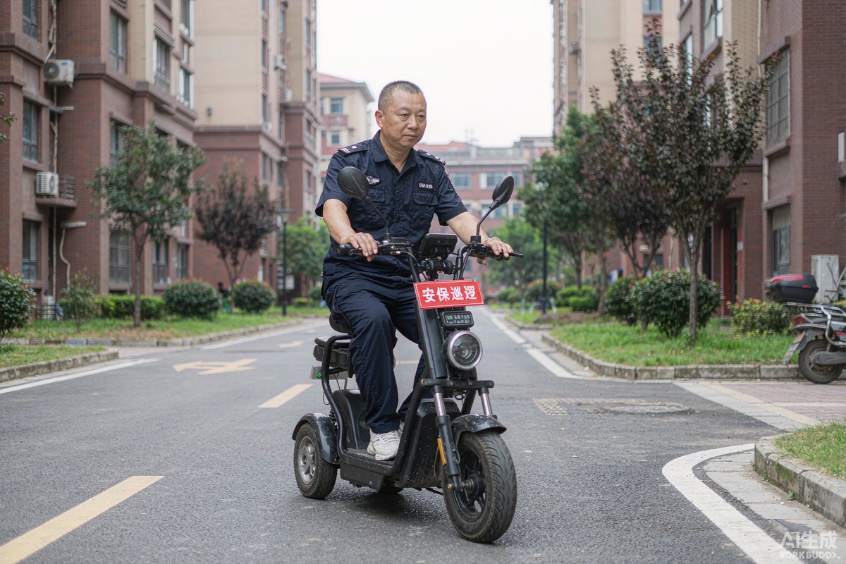 夜间住宅小区外围道路，无人巡逻车沿预设巡线自主行驶，车顶警示灯闪烁，背景是小区围栏与楼栋灯光