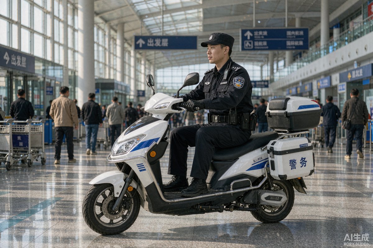 机场航站楼中两轮警用电动车执行巡逻任务