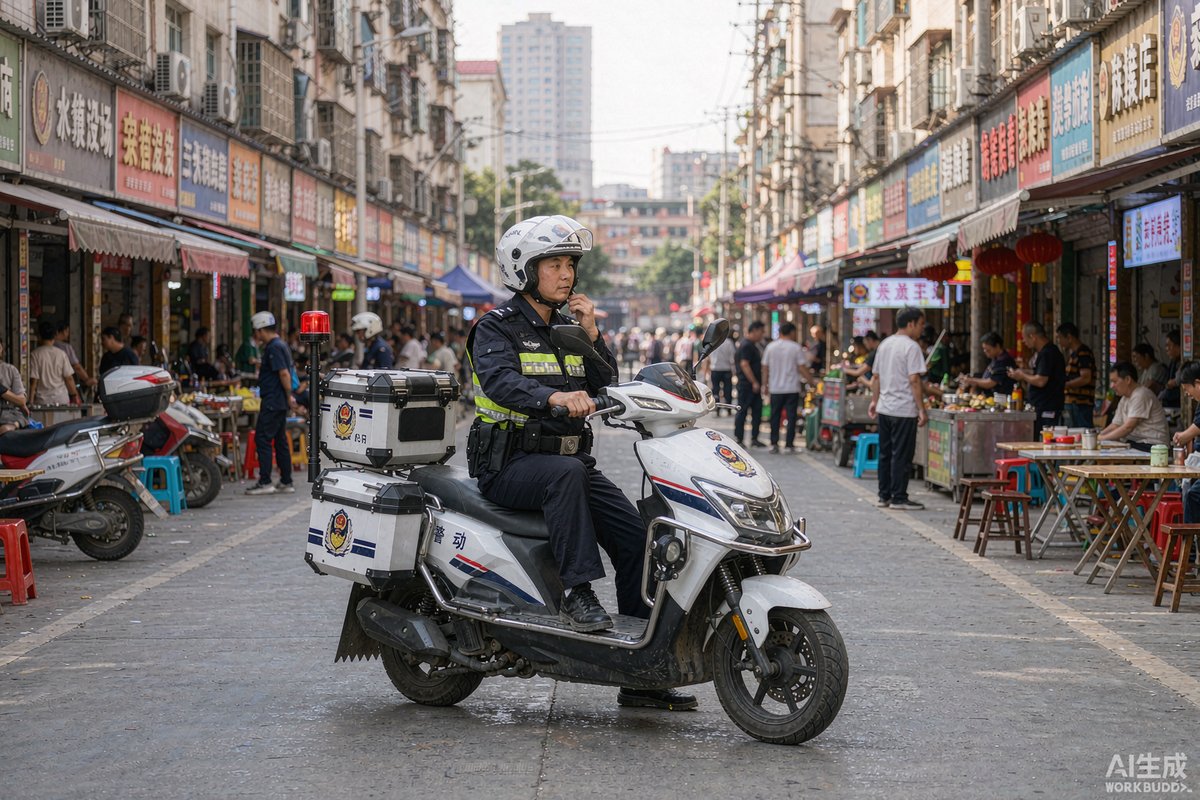 夜市街区中警用电动摩托车执行巡逻任务