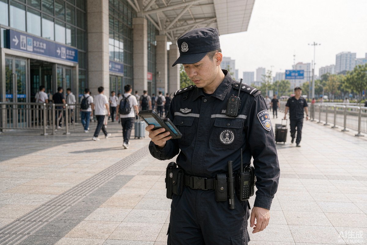 火车站广场中安保巡逻装备执行巡逻任务