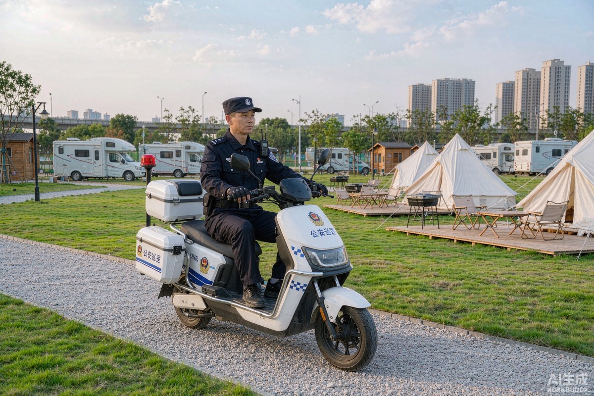露营基地中两轮警用电动车执行巡逻任务