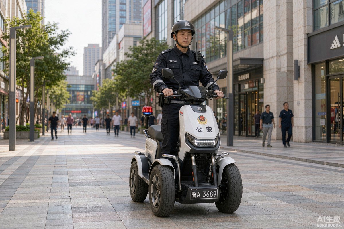 步行街中警用平衡车执行巡逻任务